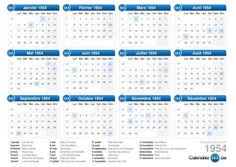 calendrier 1954 jour et mois